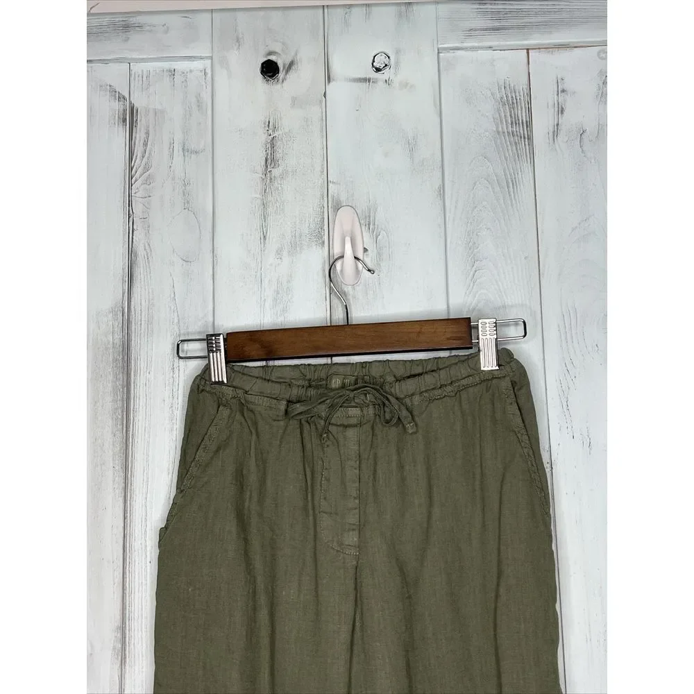 WOMENS CP SHADES GREEN 100% LINEN DRAWSTRING STRAIGHT LEG POCKETS BEACH PANTS XS